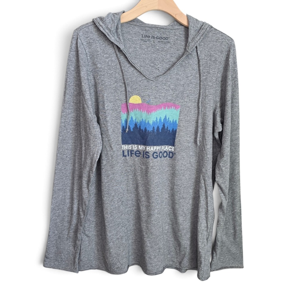 Life is Good Top Womens Large Hoodie Shirt My Happy Place Gray Long Sleeve